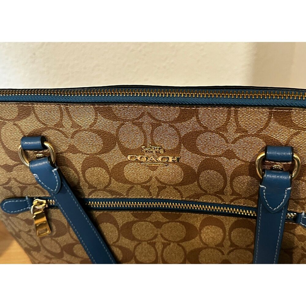 Coach Signature Tote Bag Brown Monogram Blue Trim Tote Bag EUC - Picture 4 of 6